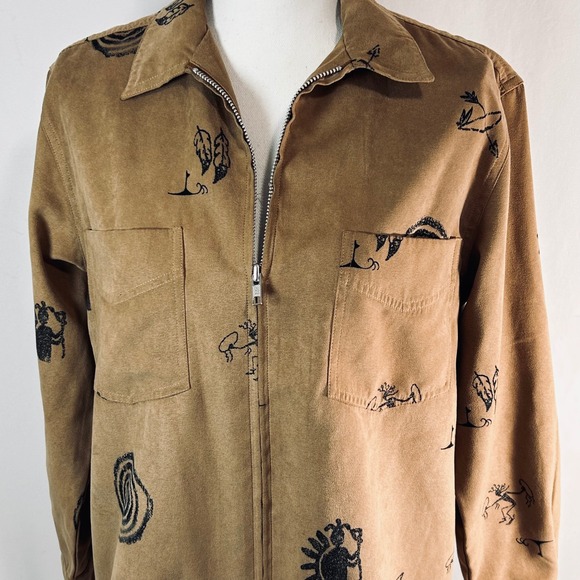Chicos Southwestern Kokopelli Graphic Zip Up Shirt Jacket Tan Faux Suede size 0 - Picture 3 of 11